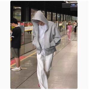 花灰色开衫卫衣男女款春秋季连帽外套美式复古穿搭