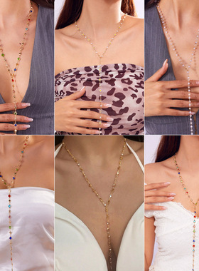 跨境饰品女彩色水晶金属锁骨链项饰简约长款链条流苏项链蓝晶石