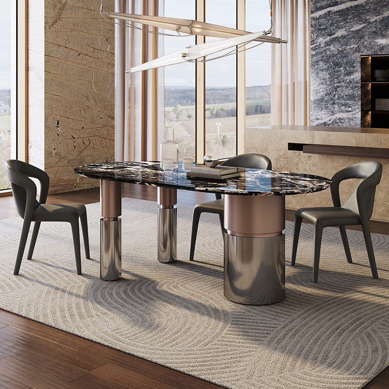 意式轻奢极简纯天然奢石餐桌椅宝格丽黑大理石餐桌别墅家用长饭桌