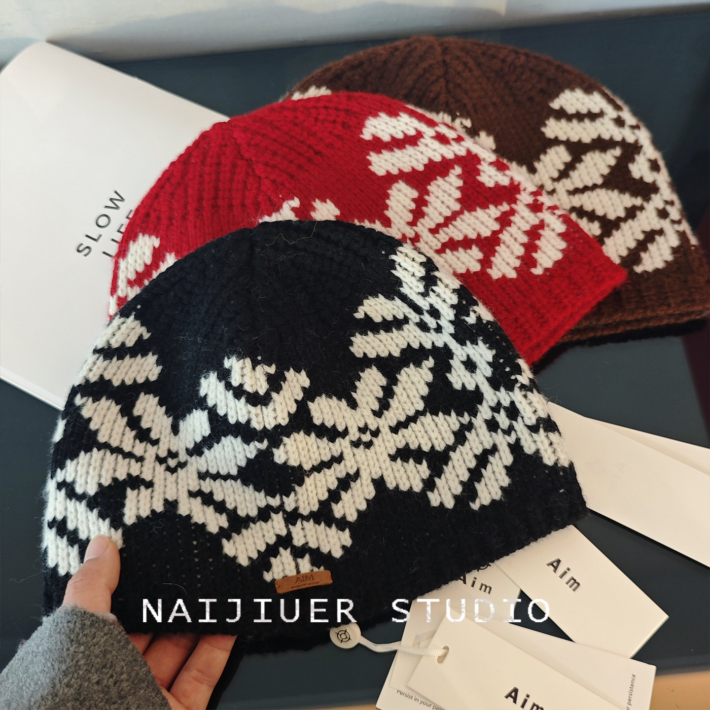 100%绵羊毛复古费尔岛风针织帽秋冬季保暖显脸小时尚民族风毛线帽