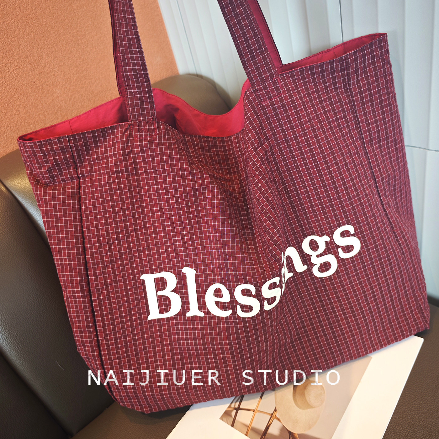 春夏日韩格纹双面可用帆布包包女单肩手提托特包大容量百搭休闲包