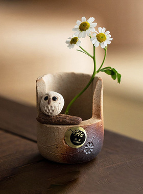 日本进口信乐烧手工陶器猫头鹰香插香座插花器雕塑日式装饰物摆件
