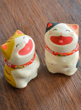日本龙虎堂大笑招财猫咪摆件手工和纸日式创意情侣祝福生日礼物
