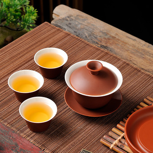 紫砂功夫茶具茶杯茶铺试茶家用盖碗三才碗 潮汕朱泥陶瓷茶具套装