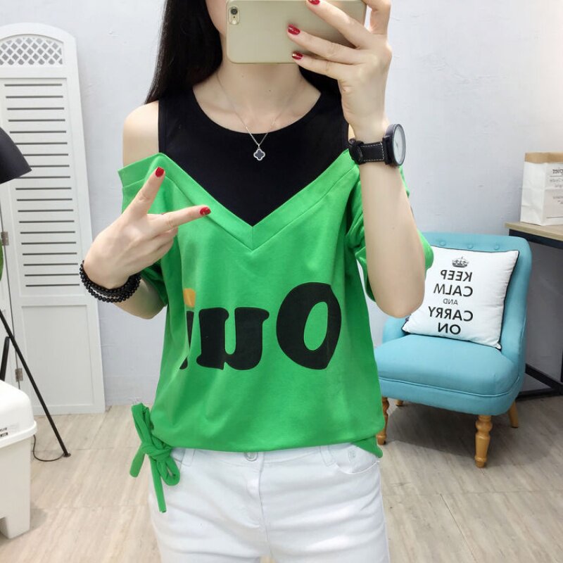 夏装新款韩版修身露肩假两件短袖T恤女百搭胖mm宽松破洞休闲上衣在类目 模玩/动漫/周边/cos/桌游, 二次元古风服装, 古风套装中 - 来自Buy2taobao.com提供专业的淘宝代购服务