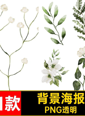 71款叶子手绘PNG花环花卉PNG透明绿色植物海报扣背景水彩