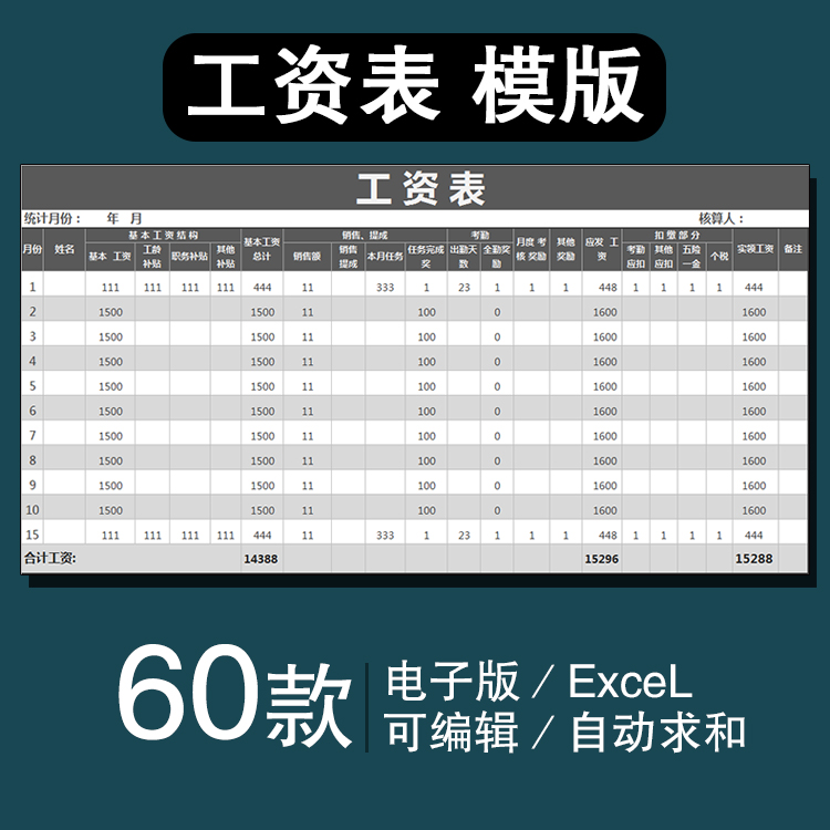 工资表模板excel电子版公司职工员工发放明细表简单的薪资单表格
