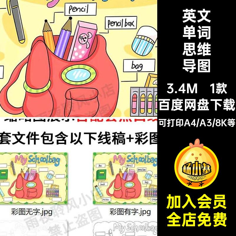 My Schoolbag英语手抄报小学生我的书包文具英文单词思维导图模板