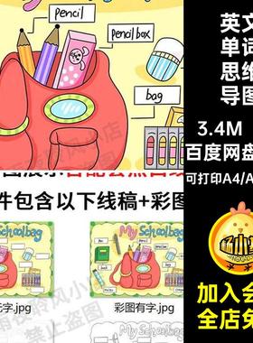 My Schoolbag英语手抄报小学生我的书包文具英文单词思维导图模板