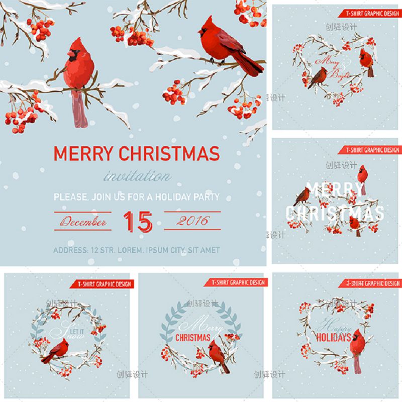 SD12水彩圣诞节冬天下雪红色小鸟果子树枝psd分层eps矢量设计素材