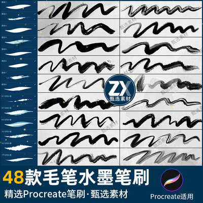 墨迹水墨笔刷精选procreate笔刷.brushset古风飞溅画笔48款晕染