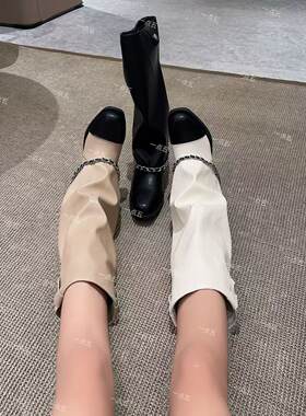 一点五增高13CM小香风女士裤管靴女士真皮鞋经典隐形时装靴子
