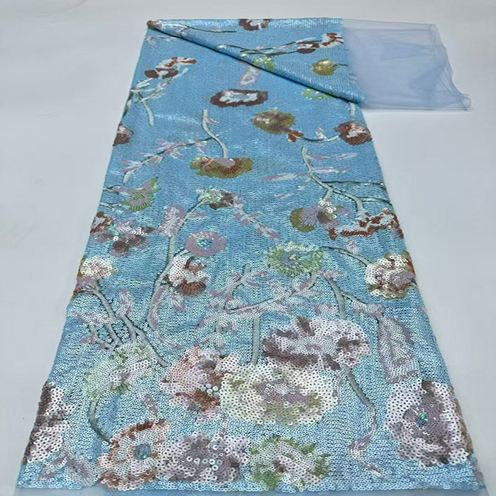 蓝色底粉色花朵亮片绣网纱蕾丝刺绣婚纱礼服面料布料民族风旗袍