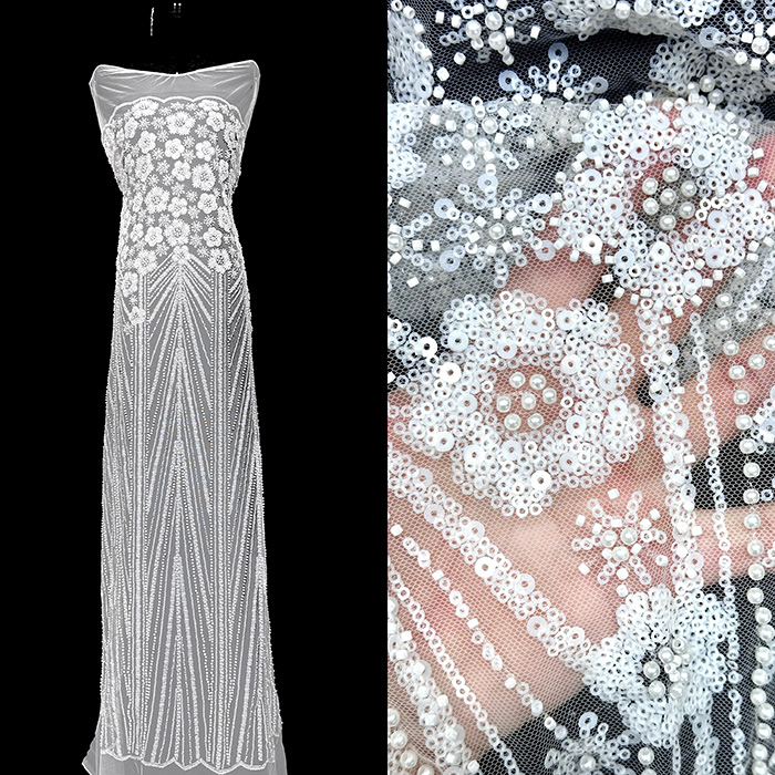 珠管绣亮片蕾丝刺绣面料珠管绣花布非洲婚纱礼服连衣裙旗袍绣花布