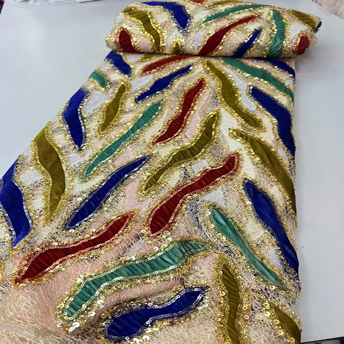 乱纹蕾丝底五彩条纹金色亮片珠管绣面料中东加纳时装礼服婚纱布料