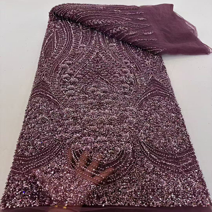 新款珠管亮片绣网纱布料婚纱礼服连衣裙蕾丝面料重工珠片绣lace