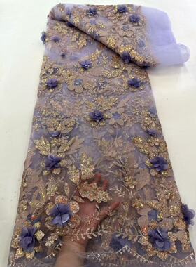 红色立体花朵刺绣亮片洒金网纱面料婚纱礼服裙布料重工 3D design