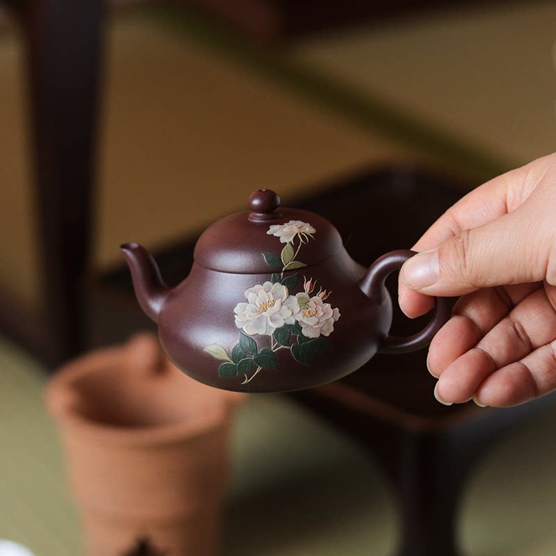 宜兴泥绘半手紫砂蔷薇壶水仙壶