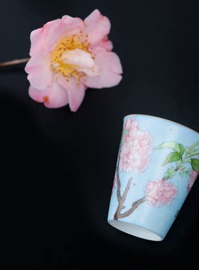 人间四月 工笔手绘樱花蓝地茶具画瓷的武才人