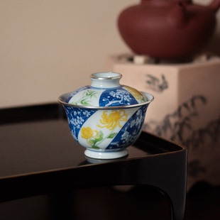 人间好时节 仿古盖碗 青花 釉上彩梅兰竹包银