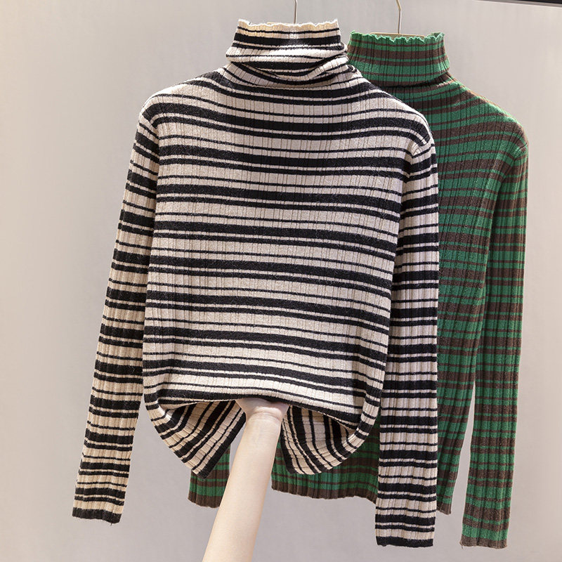 202秋冬新款堆堆领上衣毛衣针织衫女士气质百搭条纹打底衫爆款潮