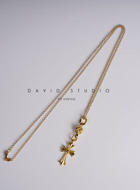 david定制实心22k真金黄金十字架情侣项链 女款十字毛衣链