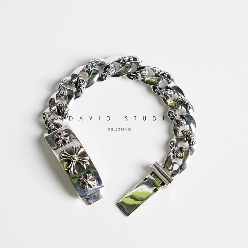 david纯银S925纯银潮男个性霸气十字架手链宽面粗犷情侣手链图片