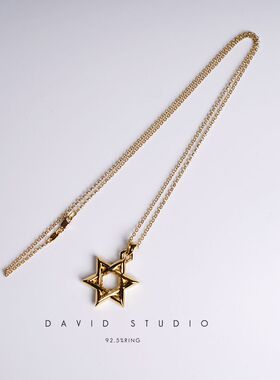 david定制实心推荐中号22k六芒星镂空情侣项链 实心无钻真金项链