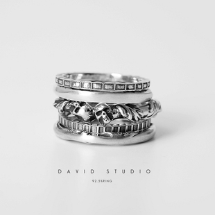 David 925纯银五环戒指 情侣款潮男做旧朋克指环werkstatt munche