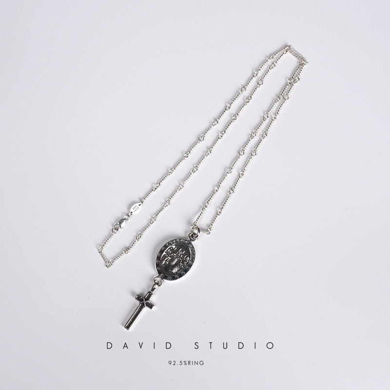 david纯银925纯银做旧椭圆圣剑十字架吊坠项链 情侣男女款项链图片