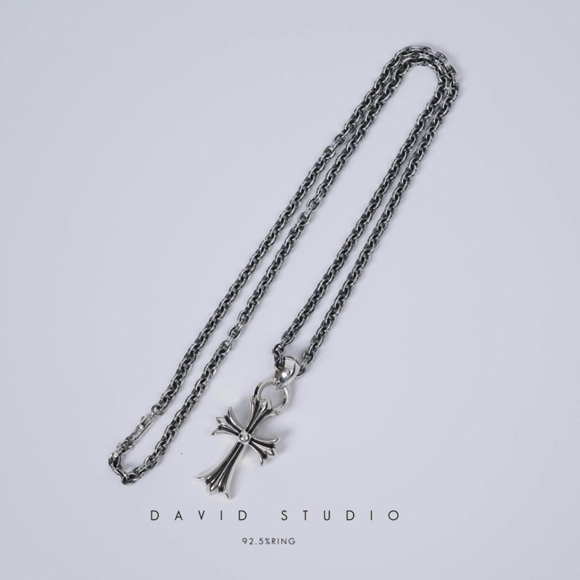 David studio 925纯银十字架手工粗犷男女同款刻字英文项链机车风