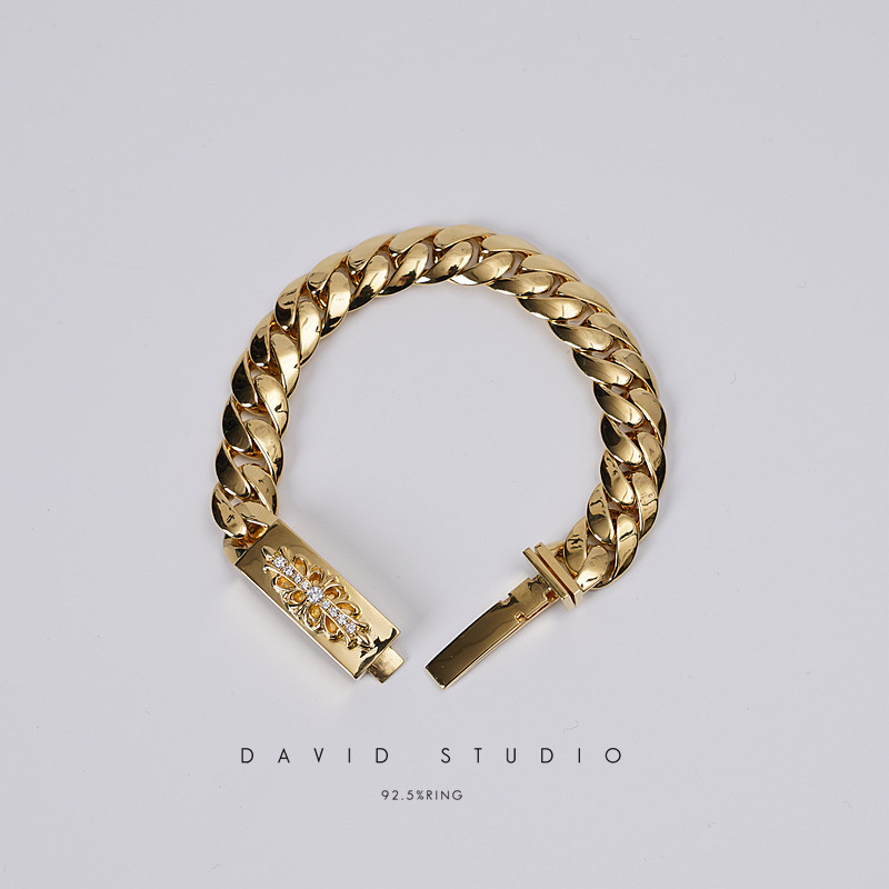 David studio定制大宝剑实心22K黄金真钻石手链 情侣款男女手链