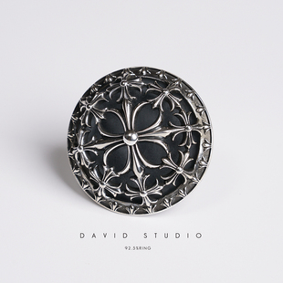 david 定制S925纯银镂空十字架圆盘做旧朋克戒指 男款浮夸指环