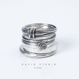 新款David纯银925 五环朋克做旧拉丝缠绕戒指werkstatt munchen