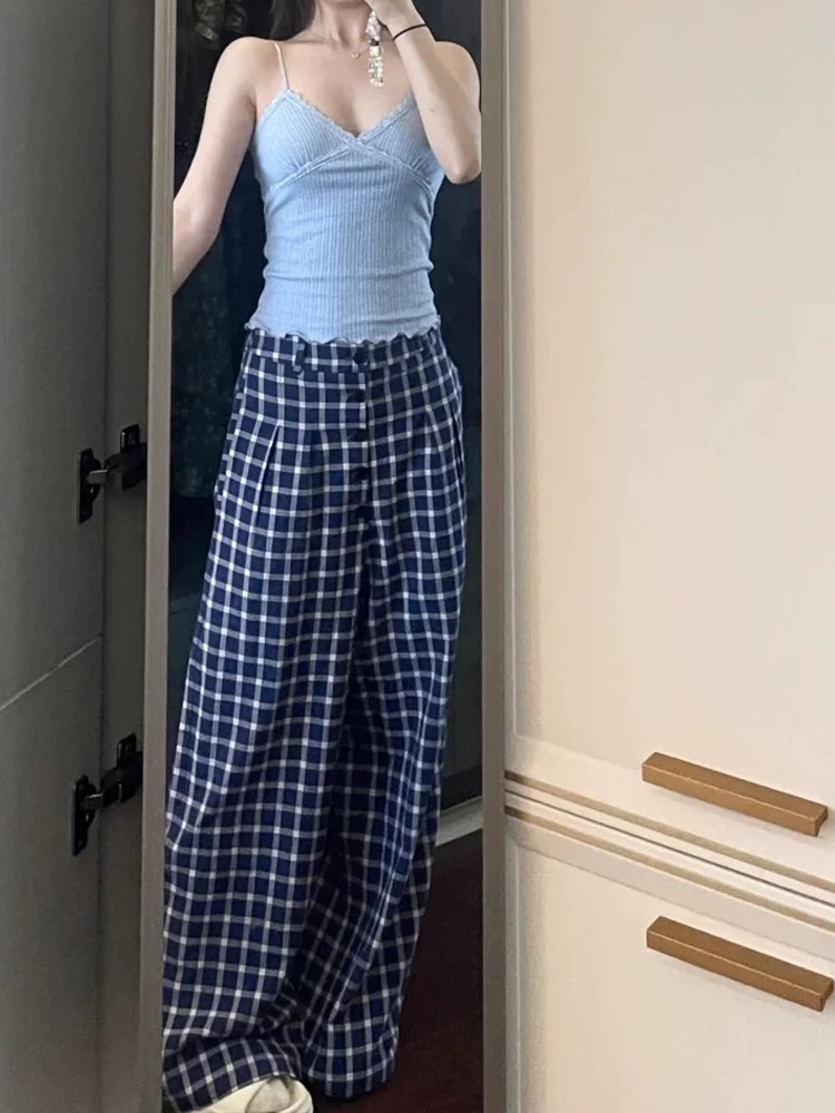 高腰宽松休闲直筒长裤格子休闲裤