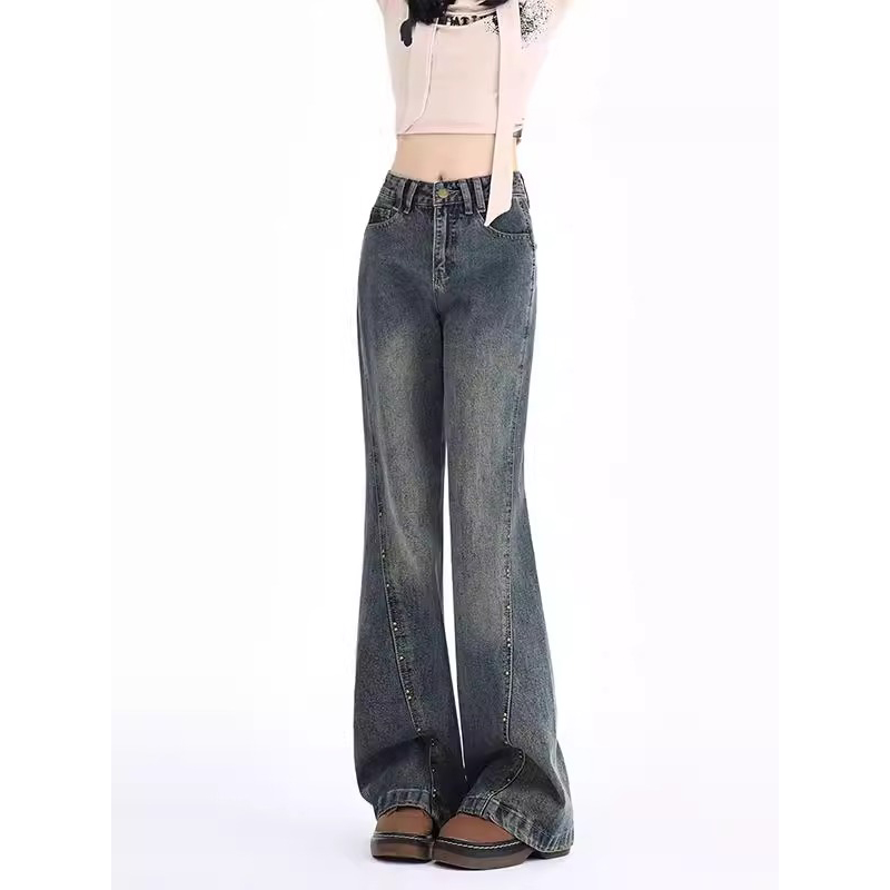 美式复古高腰微喇牛仔裤女胖mm设计感收腰显瘦遮肚子不贴腿喇叭裤