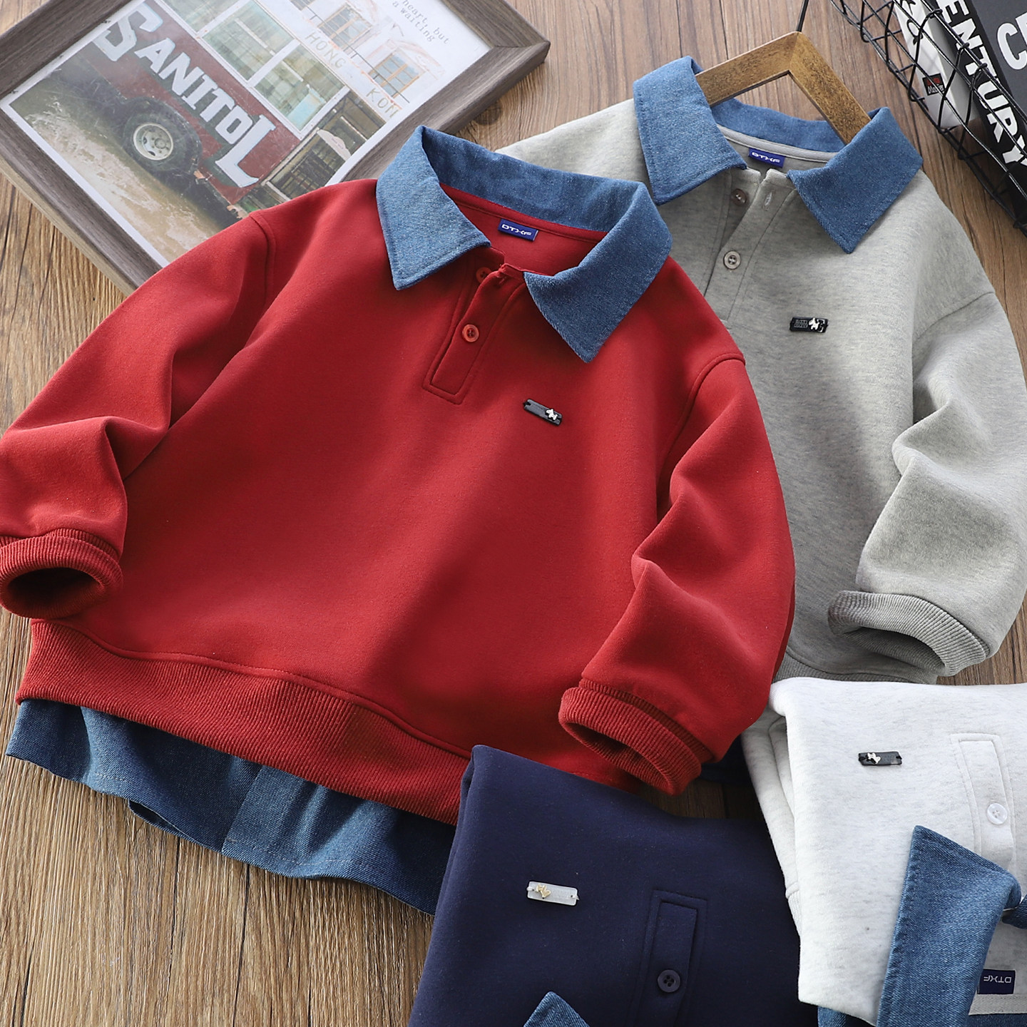 男童POLO领卫衣春季时尚儿童假两件上衣2026新款潮童韩版春秋衣服