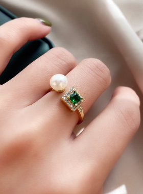 绿锆石淡水珍珠戒指女小众设计轻奢高级感2025新款开口可调节指环