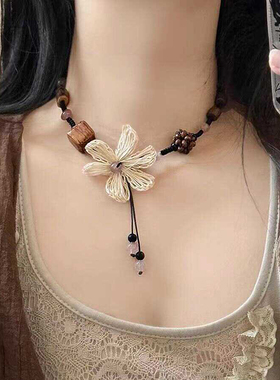 复古民族风项链长款花朵木质编织颈链女小众设计感独特百搭锁骨链
