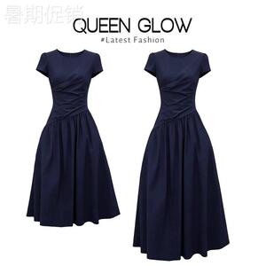 QUEEN GLOW简约风短袖连衣裙女收腰显瘦中长款A字裙气质通勤高级