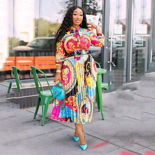 lace sleeved long 百褶裙 pleated skirt女士印花长袖 Printed