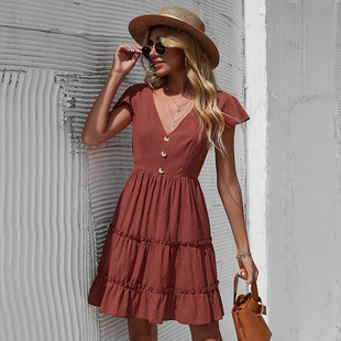 2022 red suspender dress color waist solid skirt short mid