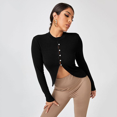 2022 Button Crew Neck T-Shirt Outer Wear Inner Tight Knit