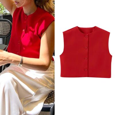 Women's solid color sleeveless button up vest 纯色纽扣背心女