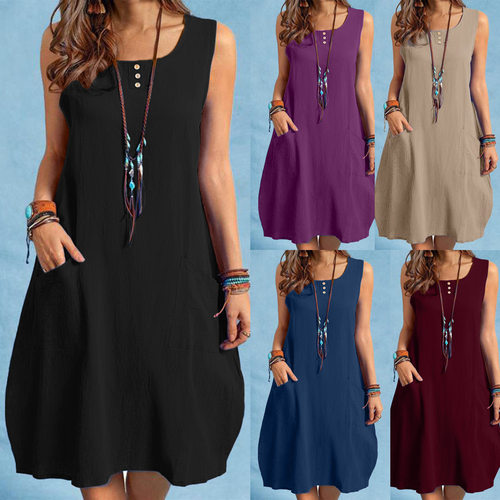 Solid color round neck sleeveless dress 纯色圆领无袖连衣裙女