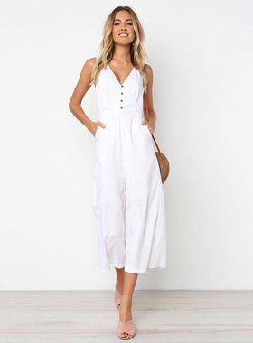 Jumpsuit Summer V Neck High Waist Wide Leg Jumpsuits White