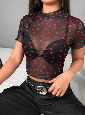 Autumn love mesh sexy cute wind cropped top women's navel