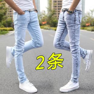 彈力顯瘦淺色夏季 子男潮 男生修身 春季 小腳褲 長(zhǎng)褲 雪花白牛仔褲 薄款