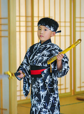 儿童和服男 日本小孩和服黑色白竹子5-12岁和服正装 表演服