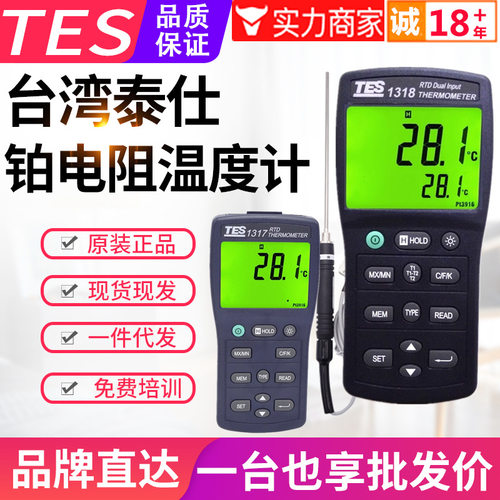 台湾泰仕白金铂电阻温度计TES-1317/1318高精度测温仪表探头PT100